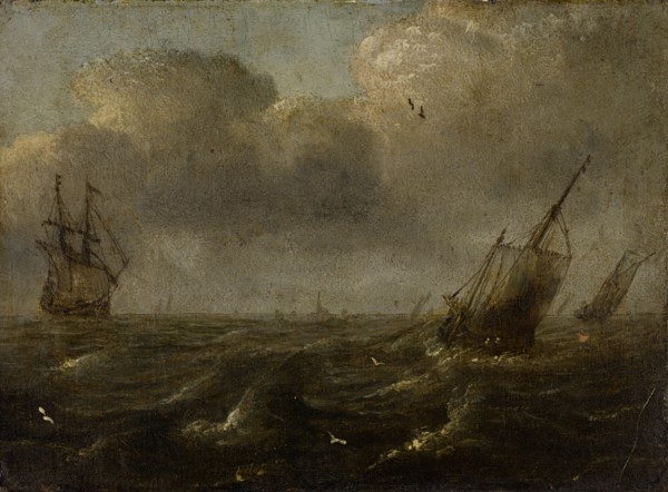 Moving sea with ships, oil on panel, 10.5 x 15.5 cm, Unsigned, Simon de Vlieger, (Art / style of),