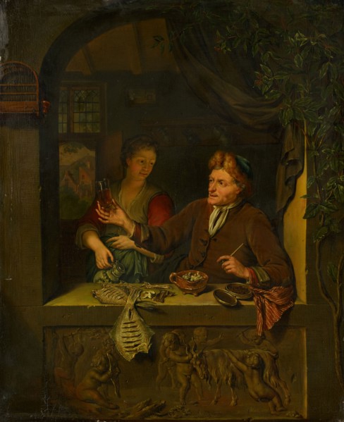 Fishmonger and Woman with Beer Mug, 18th C.?, Oil on oak, 35.8 x 29.2 cm, Willem van Mieris, (Kopie