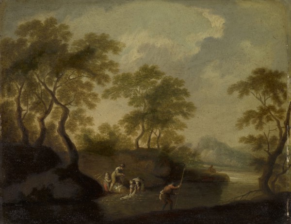 River landscape with washerwomen, oil on oak wood, 25 x 31.5 cm, not marked, Französischer Meister,