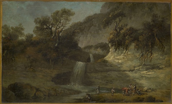 Landscape with waterfall, 1789, oil on walnut, 12.5 x 20.5 cm, not marked, Johann Heinrich Wüest,