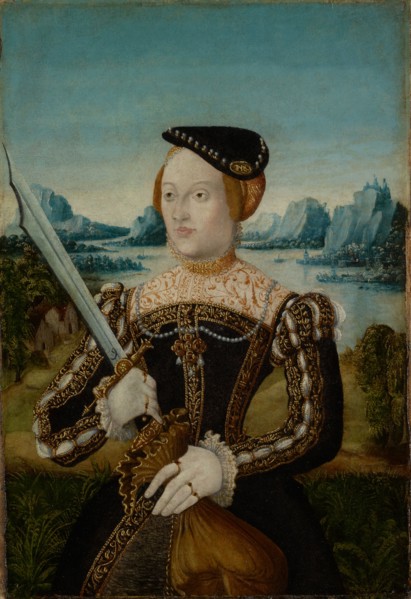 Portrait of a woman as Judith (?), Oil on paper, relined with canvas and mounted on modern wood