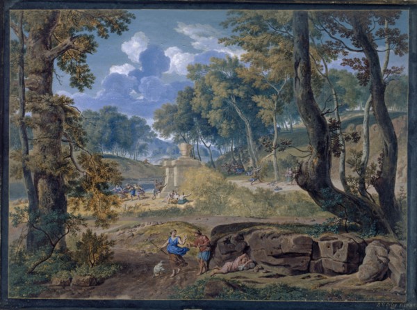 Arcadian Landscape, 1702, gouache on parchment, 13 x 26 cm, signed and dated lower right on the