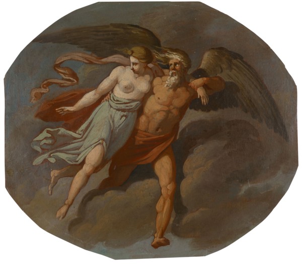 Allegory of the time, abducting the truth (or beauty?), Oil on paper, 21 x 24 cm, unmarked,