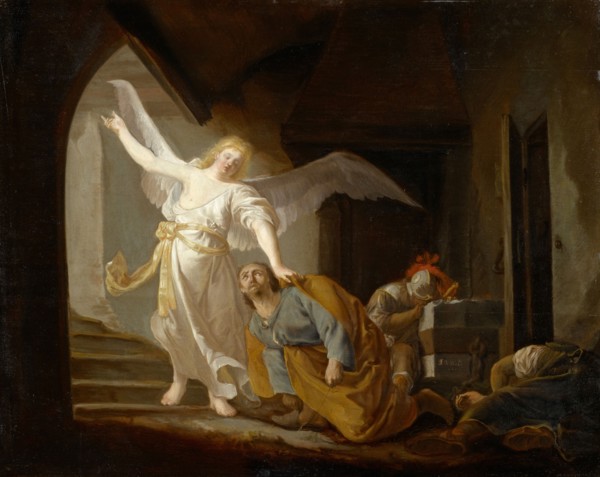 Liberation of Peter, 1660, oil on oak wood, 51 x 63.5 cm, signed and dated right on the stone: J.de