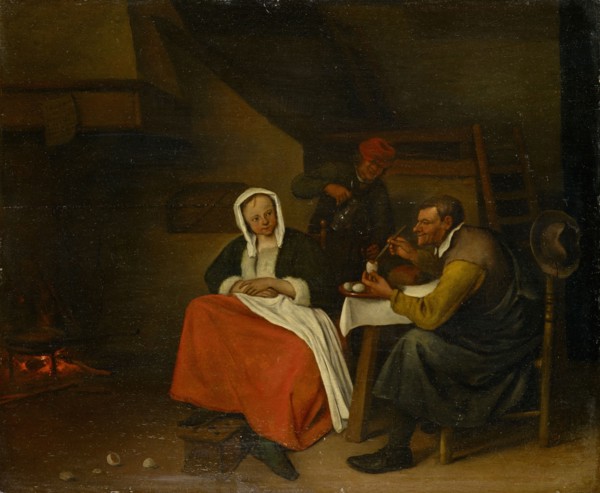 Farmer eating eggs, oil on panel, 39.5 x 48 cm, Signed lower middle on the foot warmer: JSteen [JS