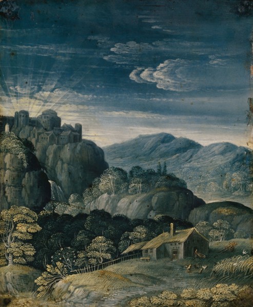 Landscape at sunrise, oil on copper, 18 x 14.6 cm, unsigned, Matthäus Merian d. Ä., (?), Basel