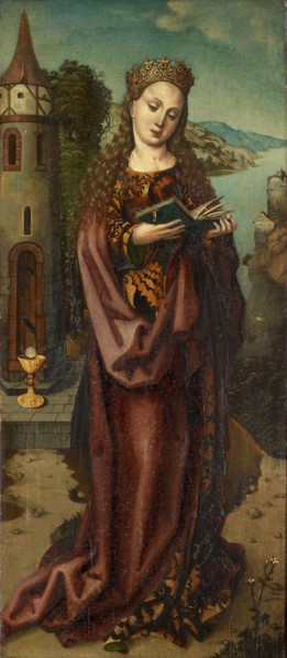 St. Barbara, 1509, mixed media on wood, 71.7 x 31.1 cm, unmarked, however, dated and inscribed on