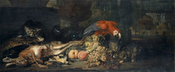 Still Life with Wild and Fruit, Parrot, Rabbit and Cat, Oil on Canvas, 62.5 x 148.5 cm, Not