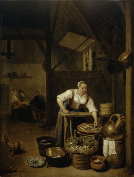 Maid on gutting fish, 1657, oil on oak, 52.5 x 40 cm, dated and signed on the barrel bottom right: