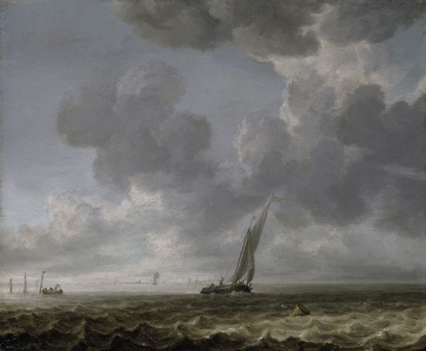 Ships at sea, oil on oak, 34 x 41 cm, monogrammed lower right on the barrel: SDEV, Simon de