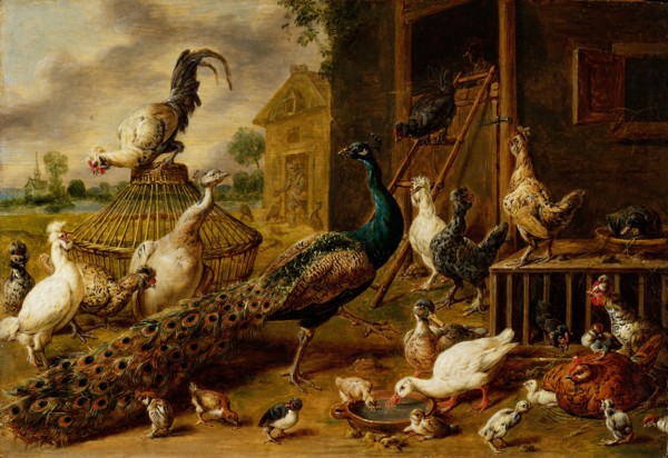 Poultry yard, 1650, oil on oak, 39 x 60 cm, signed and dated right below the window: Adriaen van