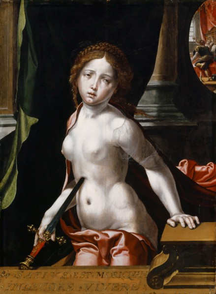 Lucretia, oil on oak, 68.5 x 49.9 cm, inscription on parapet: SATIVS • EST • MORIQVAM, • INDECORE •
