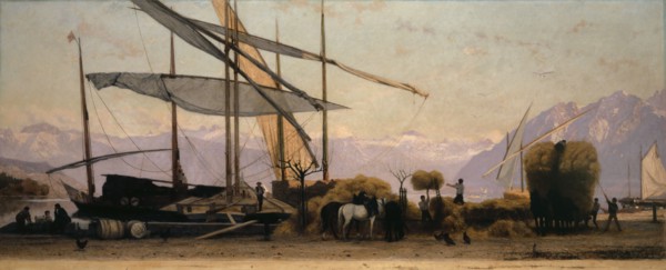 Le Déchargement de foin a Ouchy, 1867, oil on canvas, 51.3 x 125.4 cm, signed and dated lower left: