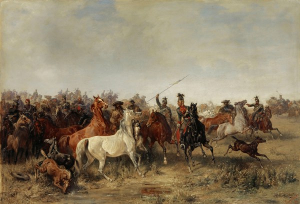 Uhlans hunt down a herd of horses from Honved Hussars, 1863, oil on canvas, 83.5 x 121.8 cm, signed