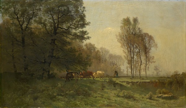 Landscape with plowing peasants, oil on canvas, 76.5 x 130 cm, signed lower right: J. Dunant.,