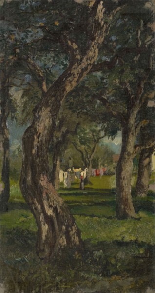 Baumgarten with suspended laundry, 1863, oil on canvas, 41.5 x 21.5 cm Lichtmass, signed and dated
