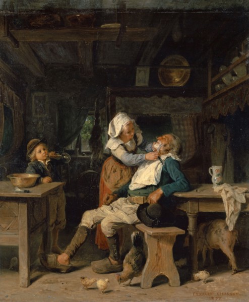 A barber's room in Brittany, 1872, oil on panel, 50 x 45.4 cm, signed and dated lower right: