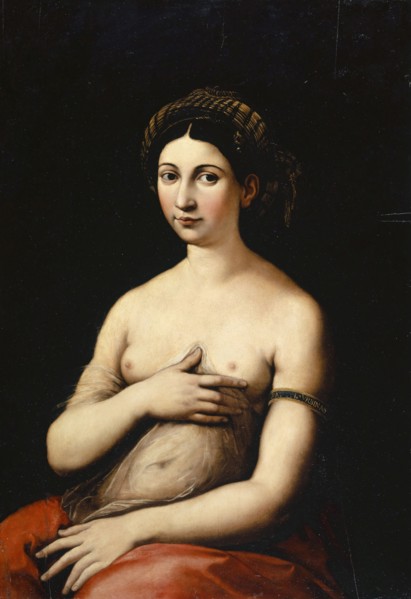 Portrait of a young woman (La Fornarina), oil on panel, 89 x 61 x 1.9 cm, On the bracelet the