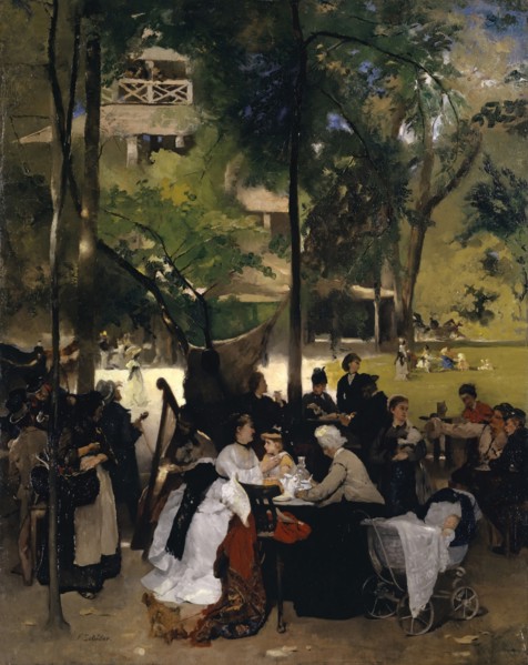 The Chinese Tower in the English Garden in Munich, around 1873, oil on canvas, 140 x 111 cm, signed