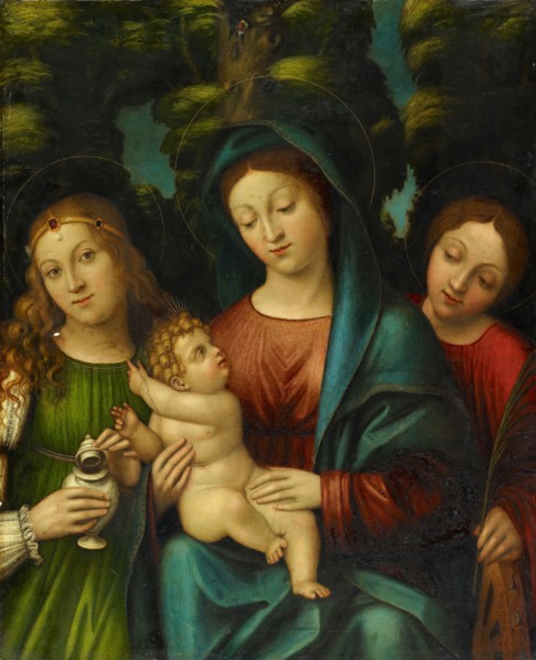 Madonna with child and the hll., Maria Magdalena and Katharina, oil on panel, 75.9 x 61.4 cm,