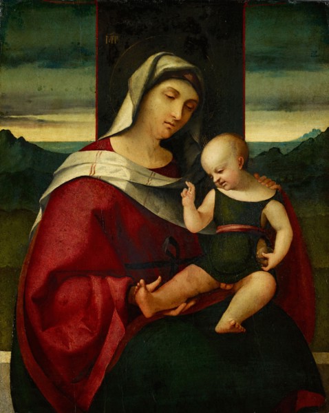 Madonna and Child, oil on chestnut wood, 62.4 x 50 cm, monogrammed top center: MPP,