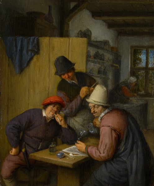 Three Drinking and Smoking Farmers in a Tavern, c. 1666/67, oil on oak, 23.2 x 19 cm, unmarked,