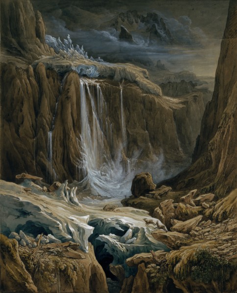 Waterfall in the high mountains, between two glacier masses, 1829, pencil, quill, watercolor and