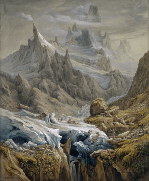 Mountain landscape with Zäsenberg and Schreckhorn, 1829, pencil, quill, watercolor and cover color