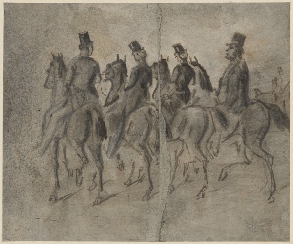 Four company on horseback, pencil, pen in black and brown, washed in gray and wiped, sheet: 13.9 x