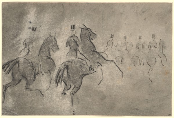 Riding group of riders, feather in black, washed in gray and wiped, sheet: 11.6 x 17.4 cm,