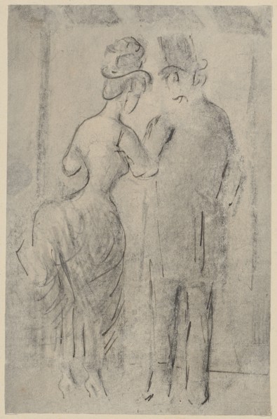 Gentleman and lady in front of the shop window, pencil and pen, washed, mounted, leaf: 16.1 x 10.5