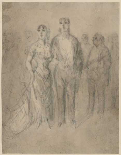 Elegant couple at reception, pencil, washed, mounted, sheet: 19.4 x 15.1 cm, not marked, Constantin