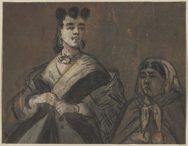 The old woman and the boy., Half-fins., Feather, washed, mounted, leaf: 9 x 11.8 cm, not marked,