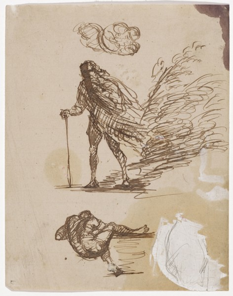 Three pen-and-ink sketches, around 1858, pen and ink on white, blue-lined stationery, drawn up on