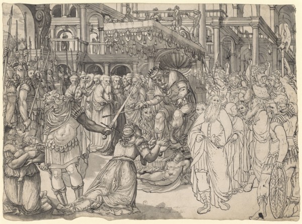 The judgment of Solomon, 1582, pen in black, gray wash, picture: 34.5 x 46.5 cm, 47.1, U. M.