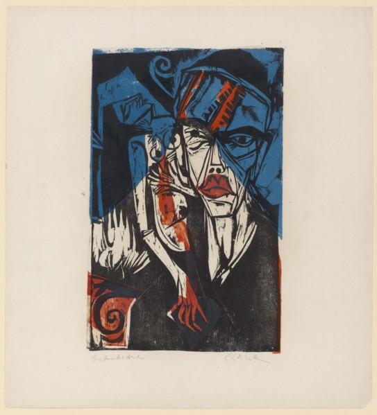 Fighting, 1915, color woodcut on blotting paper, Printing of two sticks (color plate sawn) in