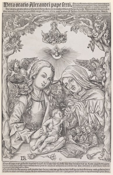 Saint Anna Selbdritt, c. 1510, woodcut on paper and typeface, sheet: ca. 45 x 29 cm |, Picture: