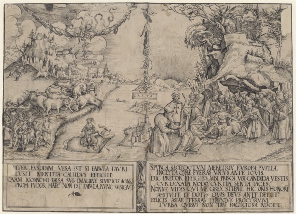 The abduction of Europe as an anticlerical satire, pen in black, l, ., gr. piece of paper
