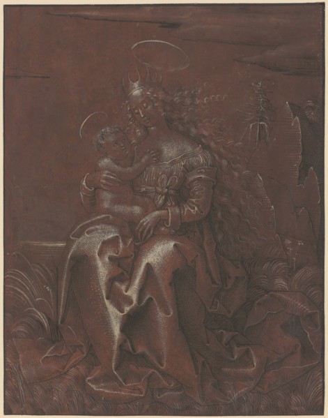Mary with the Child on a Grass Bank, c. 1510/14, feather in black, heightened with white, on dark