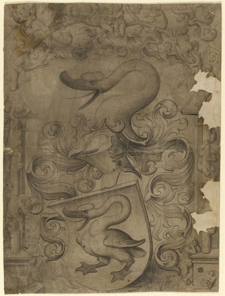Disc tear with swan coat of arms, children playing on the side and in the upper picture, around