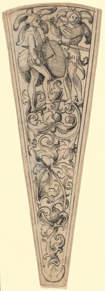 Dagger sheath with drummer and whistler, around 1509/10, feather in black, cut out along the