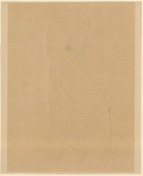 Jeanne Hébuterne in profile, (1919?), Pencil on thin, brown paper, sheet: 34.2 x 27.8 cm (width
