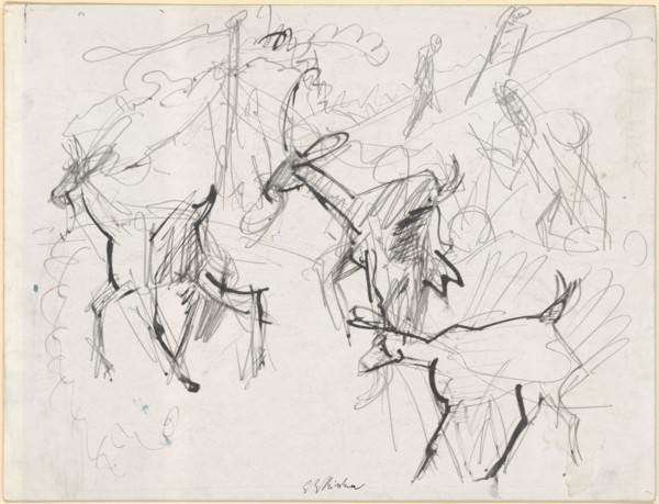 Three goats, c. 1918, pencil, brush with ink, on half board, page: 38.3 x 50.1 cm (largest mass), U