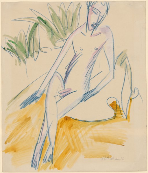 Sitting Bather, 1912, chalk in blue, watercolored, leaf: 46 x 39.1 cm (largest mass), U. r., Signed