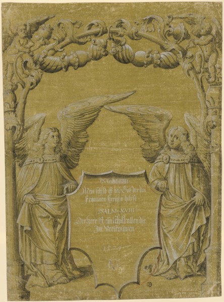 Broken glass with two shielded angels, 1529, feather in black, gray washed, heightened in white,
