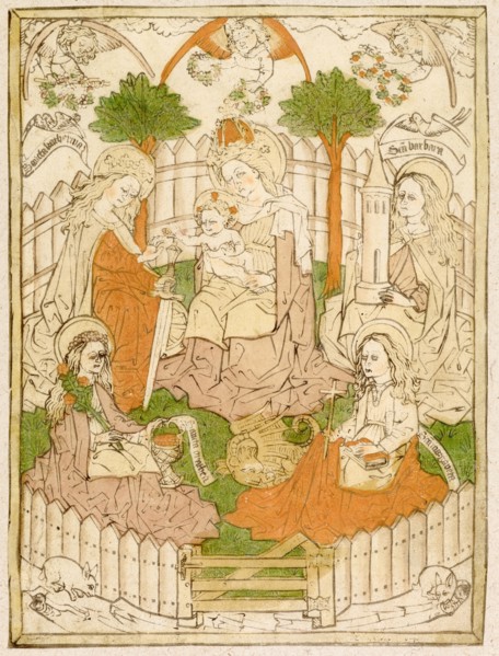 Mary in the Garden of Paradise with four female saints, c. 1460/70, woodcut (brown print), colored,