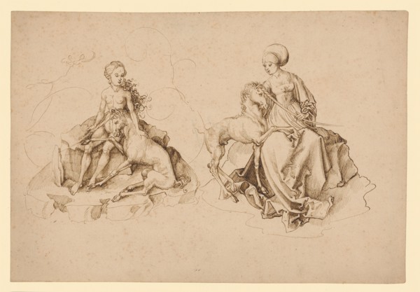 Naked Girl and Burgess Woman with Unicorns, c. 1490, Feather in Brown, Journal: 19.7 x 28.8 cm,