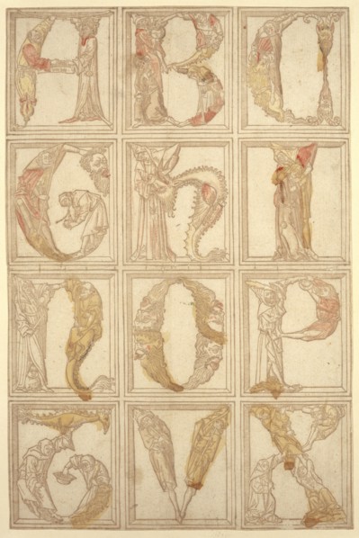The figurative alphabet of 1464: The letters ABC, GHI, NOP, TUX, c. 1464, woodcut (brown-gray