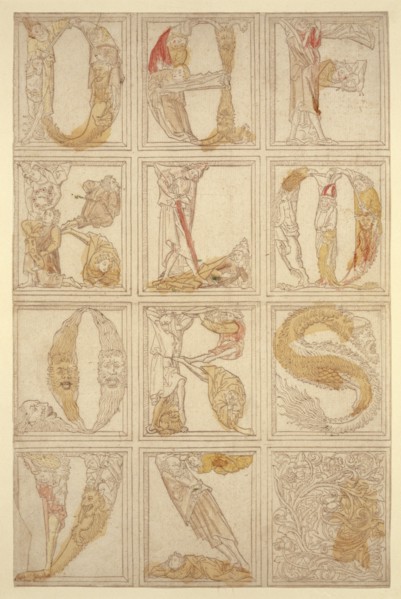 The figurative alphabet of 1464: The letters DEF, KLM, QRS, VZ, c. 1464, woodcut, (brown-gray