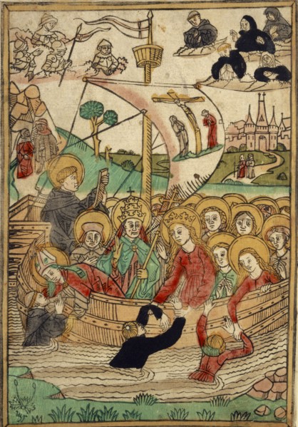 The Ship of St. Ursula, c. 1480, woodcut, colored (unique), unique, leaf: 27.3 x 19 cm, Anonym,